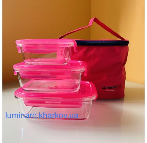 Набор контейнеров Luminarc  PURE BOX ACTIVE /380мл 820мл 1220мл /розов. прямоуг.+сумка для ланча
