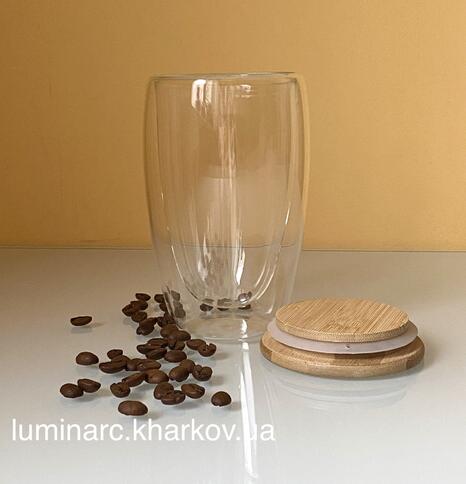 Склянка з подвійними стінками, з бамбуковою кришкою 400мл
